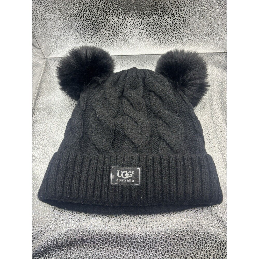UGG Australia Black Knit Beanie Hat Faux Fur Pom Pom Winter Warm Cozy